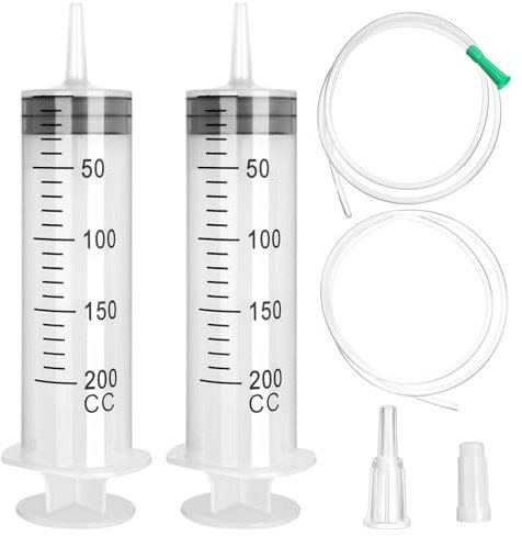 2 Pièces Grandes Seringues en Plastique de 200ml, Seringue de Dosage de Grande Capacité a Emballage Individuel, Seringue Liquide avec Tube pour Laboratoire Industrielle Hydroponique