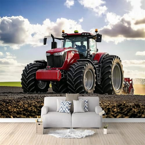 Tapete Rot Tapeten Vliestapete mit Landmaschinen Traktor für Schlafzimmer, Küchentapete Wand Abwaschbar Schrankaufkleber Schlafzimmer Wandtapete Badezimmer Möbel Wohnzimmer 250 x 175 cm