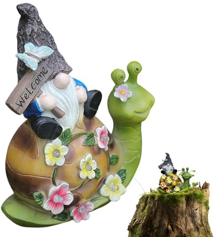 Statue de nain de jardin en résine, figurines de nain de jardin solaires, statues de pelouse, nain d'escargot, ornement nain d'escargot 17 x 8 x 19,5 cm pour statues de nain de jardin