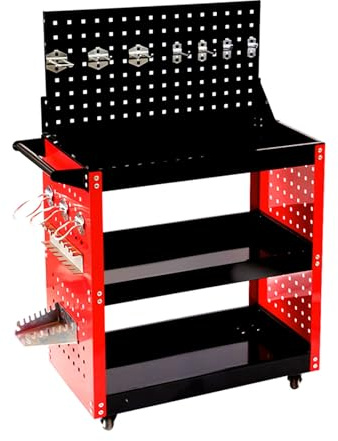 MBBTAG Tool Trolley On Wheels, 3 Tiers Tool Trolley, With Lockable Universal Wheels, Tool Chest With Wheels, Easy To Install, Workshop DIY Storage Trolley, Workshop Storage, With Handle(Black+Red,65.5