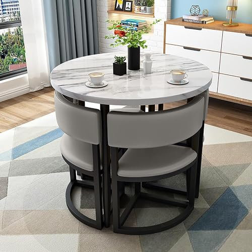 Runder Konferenztisch und Stühle, 5-teiliges Küchen-Esstisch-Set für kleinen Raum, Wohnung, Metallrahmen, Ledersitze, ideal für 4 Personen