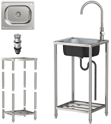 Lavello da esterno Lavello in Acciaio Inox Autoportante Lavandino Cucina 1 vasca Multifunzione con Rubinetto per Cucina, Giardino, Ristorante, Bar, Caffè, Garage (33 * 38 * 82CM)