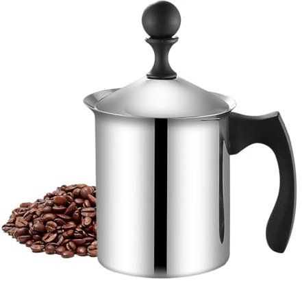 Stainless Steel Hand Held Frother, Manual Milk Foam Maker, Secure and Sturdy Cream Frother Pitcher, Long-Lasting Design (12oz Capacity) for Cappuccino, Latte, and Coffee Foam