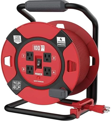 HPHPH Avvolgicavo, Bobina di prolunga Retrattile da 100 Piedi con 4 Prese e Cavo 14AWG for impieghi gravosi(100 ft)