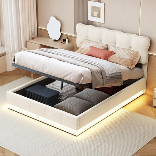 Julyue Boxspringbett 140x200 cm, Hydraulik-Doppelbett mit LED und gepolstertem Kopfteil, Funktionsbett mit Lattenrost, Samt, Ohne Matratze (Beige-A, 140x200cm)