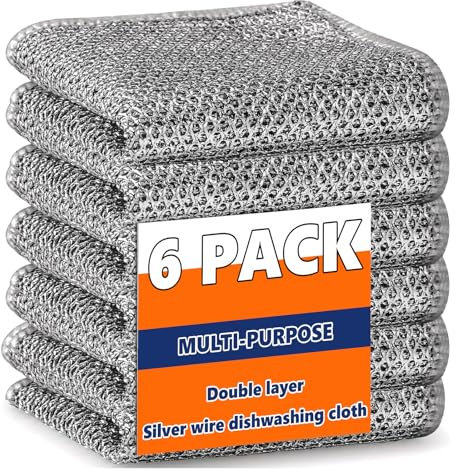 TNSOYCA 6 Pezzi Strofinacci multiuso in filo,antigraffio Spugnette Piatti,Scratchy-Wipes Riutilizzabili,Filo Metallico,20x20cm,Per La Pulizia Di Stoviglie,Piani Di Lavoro(Doppio Strato)