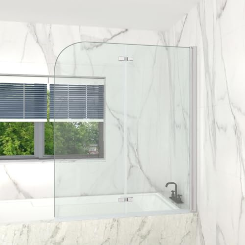 T&K Duschwand für Badewanne 130x140cm Chrom 2-teilig Faltbar Badewannenwand 5MM Gehärtetes Sicherheitsglas Beidseitig Leicht Zu Reinigen Badewannenaufsatz Duschabtrennung für Badewanne