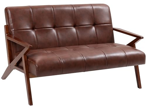 HOMCOM Compact 2 Seater Sofa, Vintage Tufted Loveseat Sofa with Solid Wood Legs, PU Leather Small Couch Settee for Living Room, Bedroom, Home Office, 133 x 81 x 78.5 cm, Brown