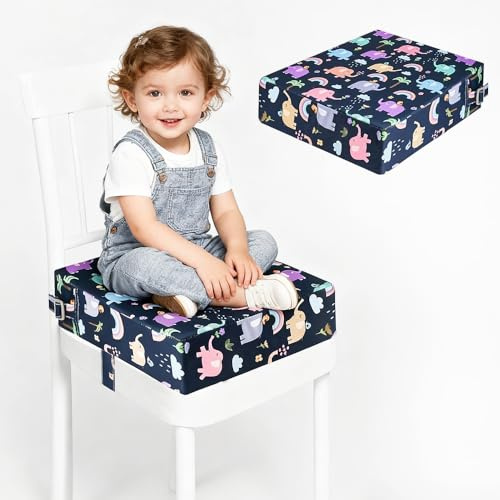 KBIBCK Asiento Elevador para Niños, Alzador Silla para Niños Comer, Elevador Silla para Niños Comer, Creciente Niños Cojín para Mesa de Comedo con Correas Ajustables y Base Antideslizante (Elefantes)