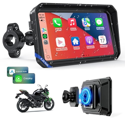 WonVon 6.25 Inch Wireless Motorcycle Carplay GPS Navigation System with Apple Carplay and Android Auto Portable Screen with Dual Bluetooth, Navigation, Siri, Google Assistant with Magnetic Mount