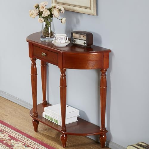 YITAYMLI Consolle vintage a mezzaluna per divano con cassetto, tavolino in legno massello per soggiorno con ripiano portaoggetti, mobile decorativo per ingresso e corridoio(Cherry,100cm/39.4in)