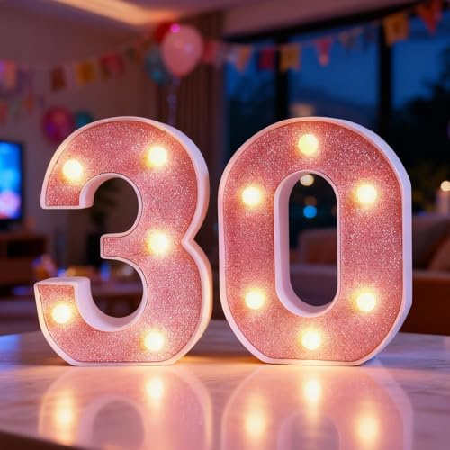 LED Light Up Numbers – 6.3inch Pink Number Light for 30th Birthday | Warm Lighted Number Sign for Birthday Decorations Wedding Anniversary Home Wall Decor