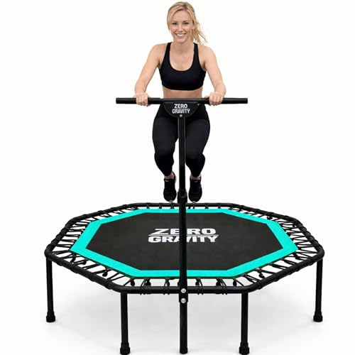 Zero Gravity Fitness Trampolin für Zuhause • Extra große Sprungfläche ideal für Jumping Fitness •Stabiles achteckiges Indoor Trampolin mit Haltegriff • Hochwertige Bungeeseilfederung • Bis 130 kg