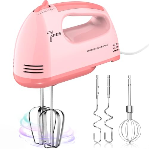 Z-DESDEMONA Elektrischer Handmixer, Kleine Lebensmittelmischer 7 Geschwindigkeiten Handmischer, 304 * (1 * Whisk, 2 * Beater, 2 * Teighaken) Küchenmischer für Sahne, Kekse(Pink)