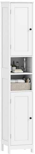 HOMCOM Badezimmerschrank hoch Badschrank schmal Hochschrank mit 2 Türen, 2 offenen Fächern, Verstellbare Regale für Badezimmer, Wohnzimmer 30 x 30 x 170 cm Weiß