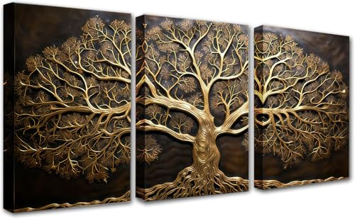 PIGPIGFLY Set de 3 Cuadros Árbol de la Vida Negro y Oro 30x40cm - Lienzos Decorativos con Marco, Cuadros Salon y Dormitorio