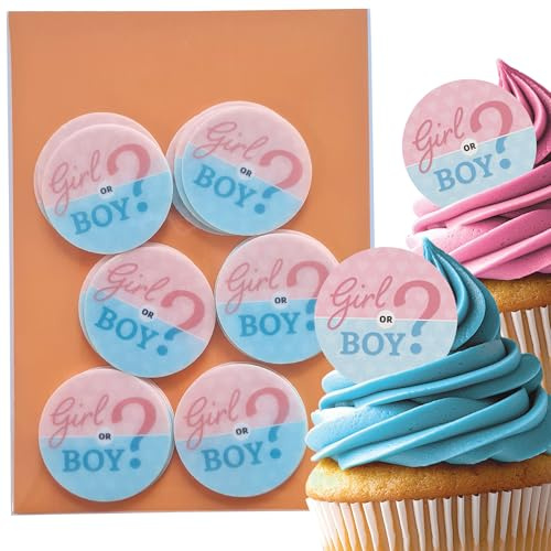 24 x Girl or Boy? Baby Shower Edible Wafer Cupcake Toppers – Pre-Cut 3.8cm Cake Decorations – Thick Wafer Paper – Gender Reveal Cakes & Cupcakes