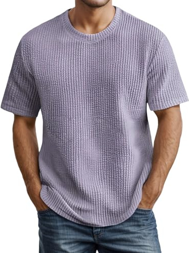 Camiseta para hombre de punto acanalado, cuello redondo, manga corta, básica, camiseta informal para verano y uso diario, estilo retro, camisa de ocio de talla grande, camiseta de algodón para el