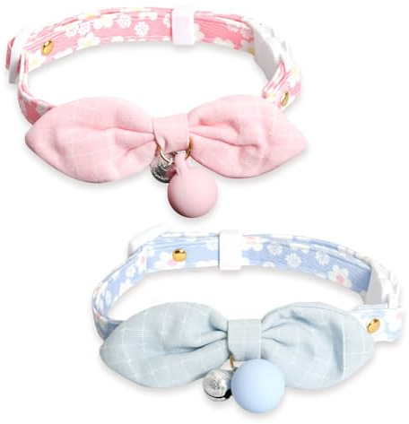 2 st halsband katt med en rosett, katthalsband med klocka, 16–32 cm justerbart katthalsband, kattunge halsband med snabbförslutning lämplig för valpar, katter, kattungar (rosa, blå)
