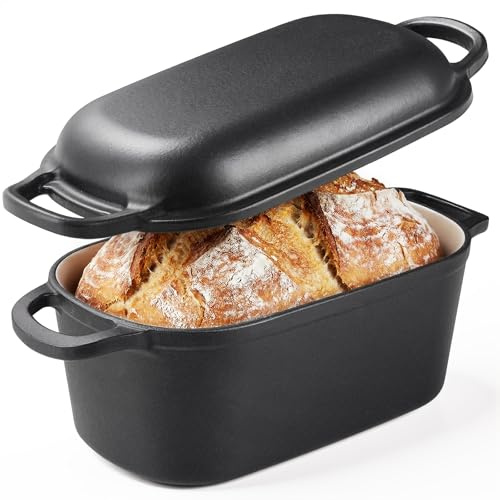 KOMORE 3.8L Rectangular Cast Iron Dutch Oven for Sourdough Bread, Black | Enamelled Cast Iron Pot with Lid for Bread Making, Roasting, Braising & Frying - Oven Safe up to 260°C, Non Stick, 28cm.