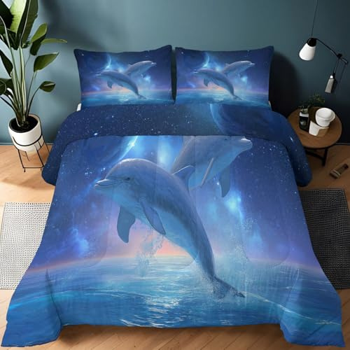 Piumino in microfibra, 155 x 220 cm, alternativa e fibra sintetica, fantasia delfini, morbida trapunta per quattro stagioni, senza rivestimento, lavabile, blu
