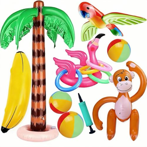12PCS Inflatable Palm Tree Inflatable Flamingo hat Monkey Banana Beach Ball Parrot Beach Pool Toys for Tropical Hawaiian Luau Party Summer Pool Beach Party Decorations