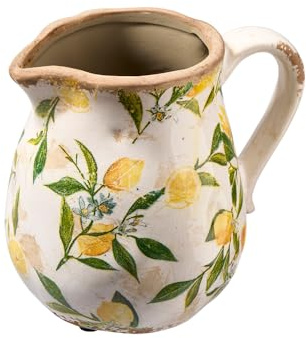 Keramik-Krug „Zitronenhain“ - Mediterrane Deko-Vase mit Krakelée-Glasur & Zitronen-Dekor, Vintage Landhausstil für Frühling & Sommer, handgemachter Look aus Keramik (H: 15,5 cm B: 16 cm T: 13 cm)