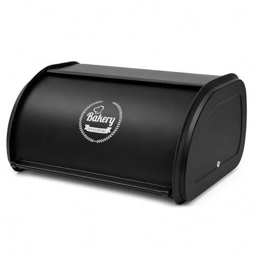 jiuzcare Boîte à Pain en Métal Noire 10 L Env., avec Couvercle Roulant et Aération, Boîte de Rangement pour Pain, Pain de Mie, Viennoiseries et Petits Pains, pour Cuisine