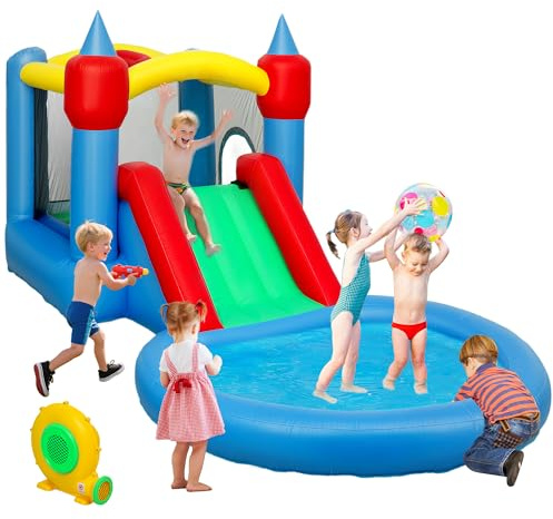 AIYAPLAY Castello Gonfiabile per Bambini 4 in 1 con Scivolo 415x205x190 cm | Trampolino, Piscina Palline, Canestro, Borsa da Trasporto, Soffiatore, per Interni ed Esterni, Adatto a 3-8 Anni