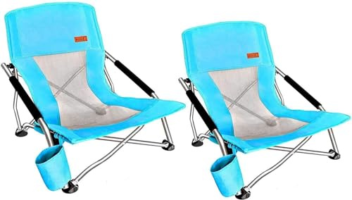 Nice C Low Beach Chair, Beach Chairs for Adults 2 Pack, Sling, Folding, Portable, Concert, Kids, Boat, River, Sand Chair, Sillas De Playa, with Cup Holder & Carry Bag (2 Pack of Blue)