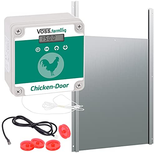 VOSS.farming Set Chicken-Door automatische Hühnertür + Alu Hühnerklappe 300 x 400mm, Türöffnung, Türöffner für Hühnerstall, Hühnerhaus, mit Lichtsensor, Zeitschaltung, Manuell