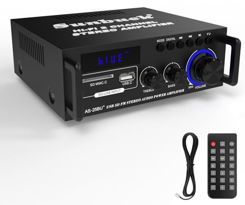Sunbuck Small Stereo Amplifier, Stereo Receiver with Bluetooth, Optical/Coaxial Jacks for TV/CD/DVD/LP/PC, Support 192kHz Audio, Max 300Wx2 Power, Home Audio System, Receiver for Speakers, AS-25BU