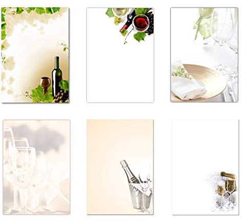 6 x 5 Blatt Motivpapier Briefpapier Set Mix Wein Geschirr Gläser Sekt (Gastronomie-5239)