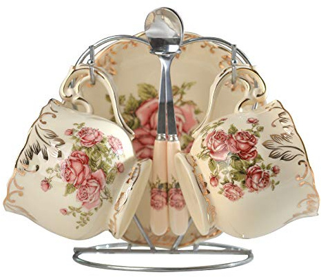 YOLIFE Tea Cup and Saucer Set of 2, 200 ml Vintage Ivory Porcelain Tea Cups Set with Stand, Teacup Saucer Set - Pink Rose with Gold Leaves