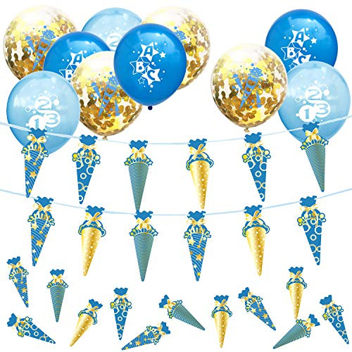Oblique Unique® Schuleinführung Schulanfang Einschulung Deko Set für Jungs - Zuckertüten Girlande + Konfetti Luftballon Set + Zuckertüten Konfetti