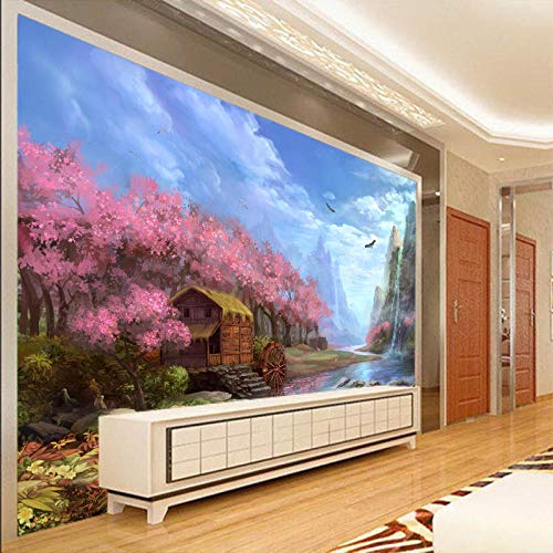Tapete 3D Benutzerdefinierte Wandbild Europäische Nostalgie Landschaft Rot Blätter Kleines Haus Hinter Sofa Tv Als Hintergrund Im Wohnzimmer,200 * 140Cm