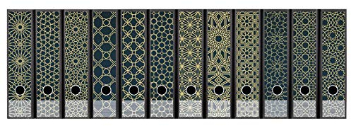 codiarts. Ordnerrücken selbstklebend | Etiketten Set für 12 breite Ordner | gestantzt mit Griffloch | Rückenschild breit | orientalische Muster petrol gold