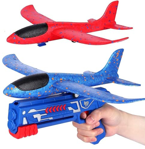 BubPen Airplane Launcher Toy with Stickers, Plane Games for Kids, Foam Throwing Glider, Catapult Aeroplane Gun for Boys and Girls, Flying Outdoor Gadget
