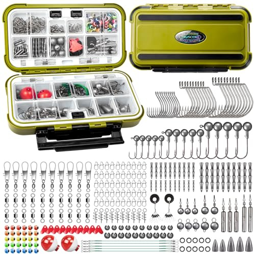 TRUSCEND Complete Fishing Accessories - Tackle Box with Tackle Included, Fishing Hooks, Jig Heads, Sinkers, Weights, Swivels, Snaps, Bobbers, Leaders - Fishing Gear Set for Bass Trout Panfish Walleye