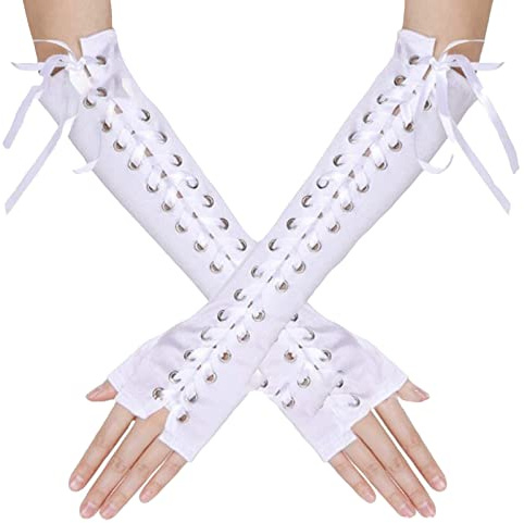 SEAUR Damen Armstulpen Weiß Goth Punk Handschuhe Fingerlos Schnürung Satin Armwärmer für Cosplay Karneval Party Halloween Kostüm - 1 Paar