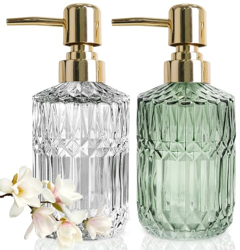 JINYOMFLY Seifenspender Grün Transparent Glas, Shampoo Flaschen zum Befüllen, Mit Pumpe, Acryl Transparent, Vintage 2er Set, 390ML