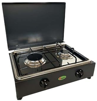 CFParker - Cocina de 2 fuegos a gas metano con válvula de seguridad y base de acero inoxidable extraíble para uso interior - FO3200GSPGPSm