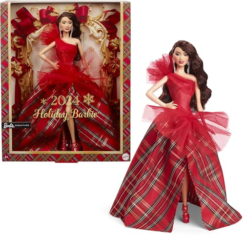 Barbie Signature 2024 Holiday Dolls, Regalo da Collezione Stagionale, Abito a Quadri con Fiocco Rosso, Confezione Espositiva, Capelli Castano Scuro