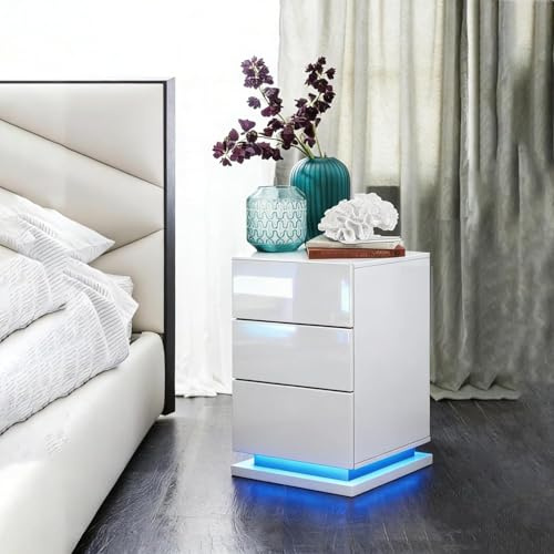 Chleby Modern Nachttisch mit LED-Beleuchtung, Beistelltisch Nachtschrank mit Ladestation, 2 AC-Steckdosenund 2 USB-Anschlüsse, Nachttische mit 3 Schublade, Reines Weiß