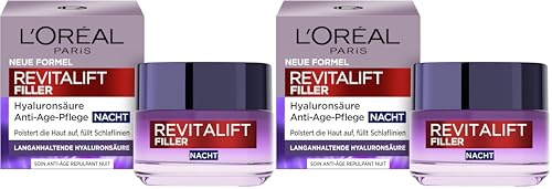 L'Oréal Paris Hyaluron Nachtcreme, Anti-Aging Gesichtspflege mit Micro-Filler Hyaluronsäure für Feuchtigkeit und Anti Falten Effekt, Revitalift Filler, 1 x 50 ml (Packung mit 2)