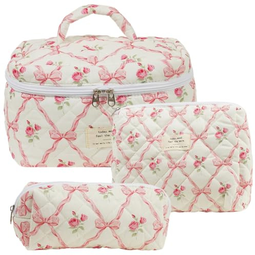 TIAASTAP 3-teiliges Reise Kosmetiktasche Damen Gesteppte Make up Tasche mit Bogenmuster, Groß Kulturbeutel Set Vanilla Girl Aesthetic Schminktasche Make up Bag Cosmetic Bag Clean Girl