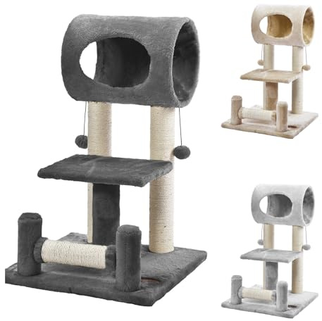 PATAM Árbol rascador de sisal Natural con túnel de casa y Juego, Base Reforzada, fácil Montaje, Ideal para Gatos y Gatitos, Altura 71 cm - Tunnel Gris Oscuro