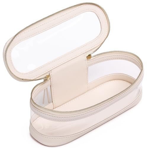 Pinkmik Makeup Brush Case Clear Travel Cosmetic & Toiletry Bag Slim Makeup Bag with Zipper Small Purse Organizer Car Essential Bag for Women (Beige, SLIM L)