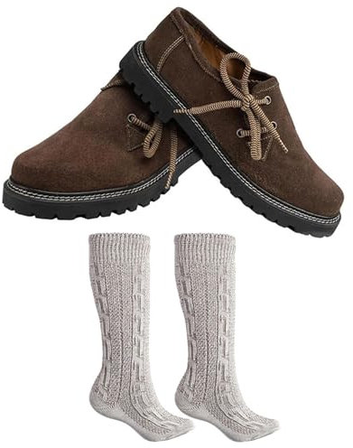 German Wear Haferlschuhe, Trachtensocken & 2X Schnürsenkel Set - Trachtenschuhe aus Wildleder Original Handmachart 100% Leder Atmungsaktiv Kalbsleder-Futter Lederschuhe mit Socken Dunkelbraun - 44 EU