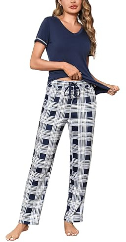 Litherday Pigiama Donna Estivo Cotone Due Pezzi con Maglietta Manica Corta e Pantaloni Lunghi a Quadri Morbido Leggero Scollo a V,Blu,L